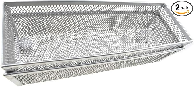 HAHIYO Stackable Mesh Tray Cup 9 x 3 x 2 inches Sturdy Container for Desk Drawer Organizer Collection for Home Office School kitchen Soft Foam Feet No Sharp Edges 2 Pack Silver-NeatNest