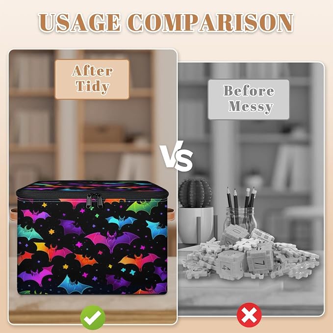 Halloween Bat Storage Bins with Lids, Colorful Bats Fabric Storage Boxes with Zipper, Collapsible Decorative Closet Organizer Cube for Clothes,Organizing, Shelves-NeatNest