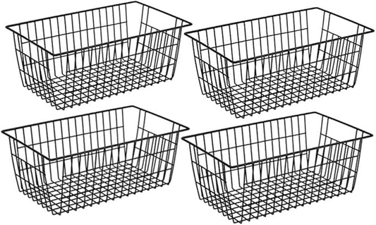 Farmhouse Wire Organizer Storage Bins Durable Metal Basket Pantry Large Organizing Storage Bin Baskets for Kitchen Cabinets, Pantry, Freezer, Bathroom,Closets-Set of 4-Black