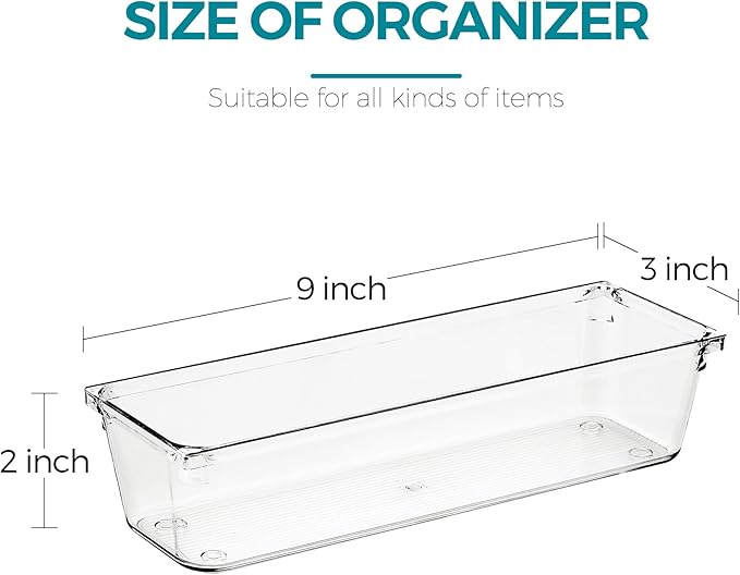 12 Pack Drawer Organizer - 3" X 9" Clear Acrylic Storage Bins with Non-Slip Pads, Versatile Desk Tray for Makeup, Jewelry, Kitchen, Bathroom, and Office Organization-NeatNest