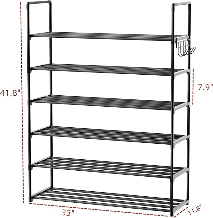 Metal Shoe Organizer,6 Tiers Shoe Storage Shoe Rack with Hooks,Fit 24-30 Pairs,Adjustable Shoe Shelf for Entryway,Hallway,Bedroom,Metal Bottom Support-NeatNest