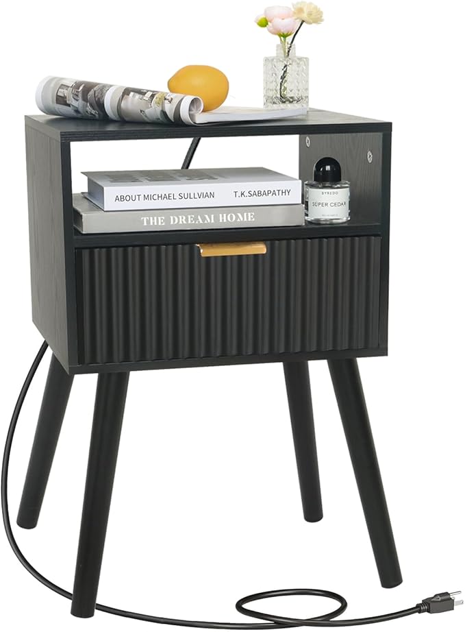 Black Nightstand with Charging Station, Mid Cetury Modern Nightstand with Drawers, Fluted End Side Table with Solid Wood for Bedroom, Dorm and Small Space (Black)-NeatNest