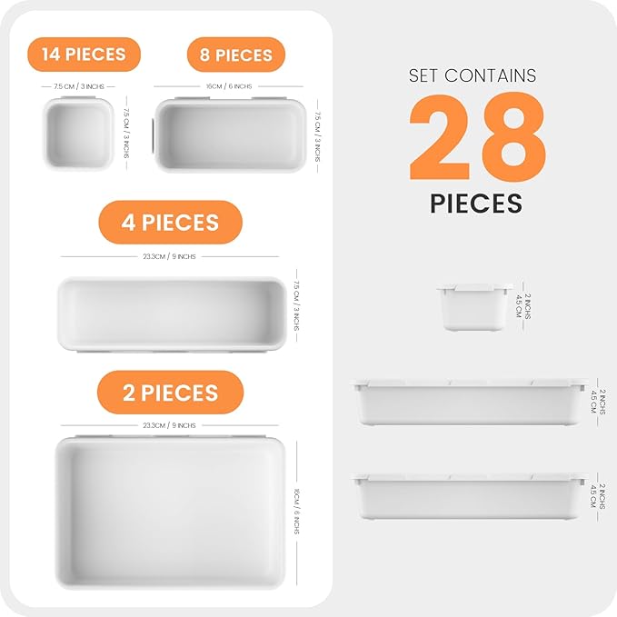 A-LuGei 【28PCS】 Drawer Organizer, Bathroom Organizers and Storage, Makeup organizer, Desk drawer organizer, Storage Bins for Kitchen Office Bedroom Vanity Jewelry Pantry Garage【White】【4Size】-NeatNest