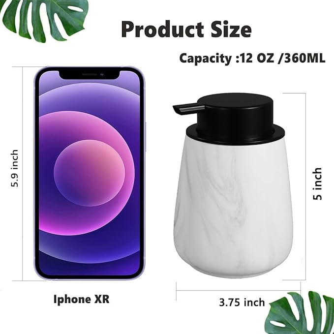 12Oz Ceramic Liquid Soap Dispenser - Modern Lotion Hand Soap Dispenser with Easy-to-Press Black Pump, Reusable and Refillable Dish Soap Dispensers for Bathroom & Kitchen, Marble White-NeatNest