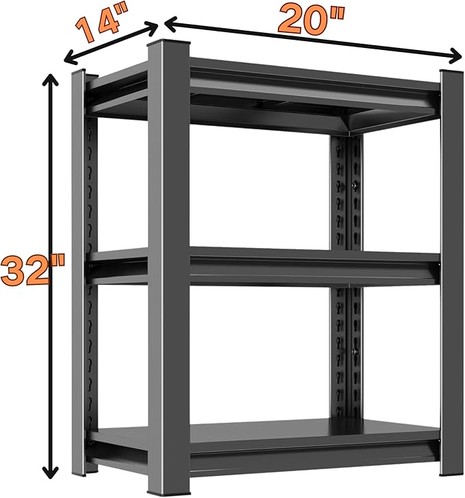 Garage Shelving Unit, 1200 lbs Load Capacity, Adjustable Garage Storage Shelves, Sturdy Steel Storage Shelf for Workshop, 3-Tier 32" H x 20" W x 14" D, Black-NeatNest