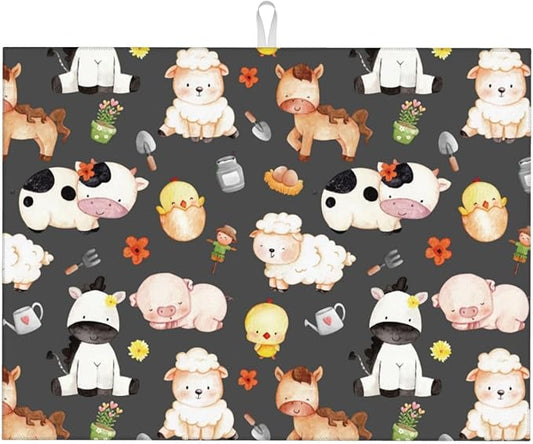 Farm Animal Dish Drying Mat 18 x 24 Inch for Kitchen Counter Cute Kitchen Mat Microfiber Kitchen Countertop Absorbent Reversible Drainer Rack Pad Dish Drying Mat