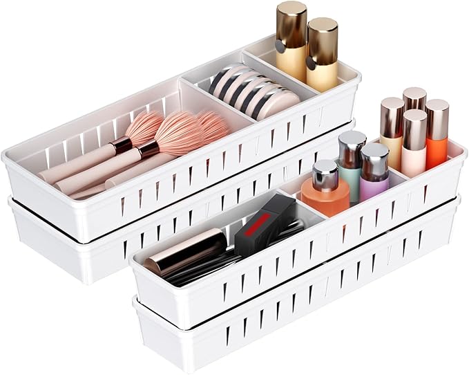 Desk Drawer Organizer Tray 4 PCS Plastic Office Drawer Organizer Bins Junk Organizer Divider with Non-Slip Silicone Pads, Makeup Vanity Organizer for Drawer, White-NeatNest