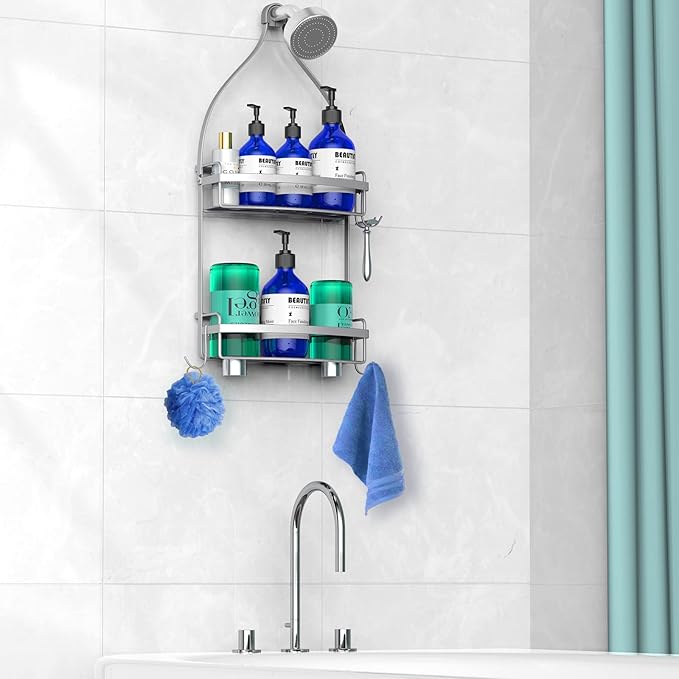 Meangood Shower Caddy Over Shower Head, Sliver Anti-Swing Hanging Shower Caddy with 4 Remove Hooks for Razor, Sponge, Towels Rustproof Shower Organizer for Bathroom Silver