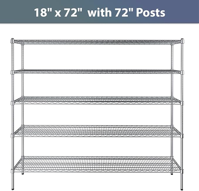 18" x 72" NSF Chrome 5-Shelf Kit with 72" Posts, Commercial Storage Rack Unit, Heavy Duty Storage Shelving, Wire Shelving Kit, Adjustable Rack Strong Steel, Multipurpose Wire Shelf