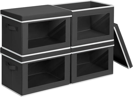 Storage Boxes with Lids - 4 Pack Fabric Clear Window Storage Bins, Large Decorative Storage Bins with Handles, Linen Closet Organizer for Clothes, Towel, Blanket, Black-NeatNest
