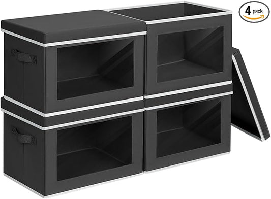 Foldable Storage Box with Lid - Closet Storage Organizer with Window, Storage Bins with Lids for Clothes, Fabric Storage Baskets for Shelves, Bedroom, Dorm, Black, 4 Pack-NeatNest