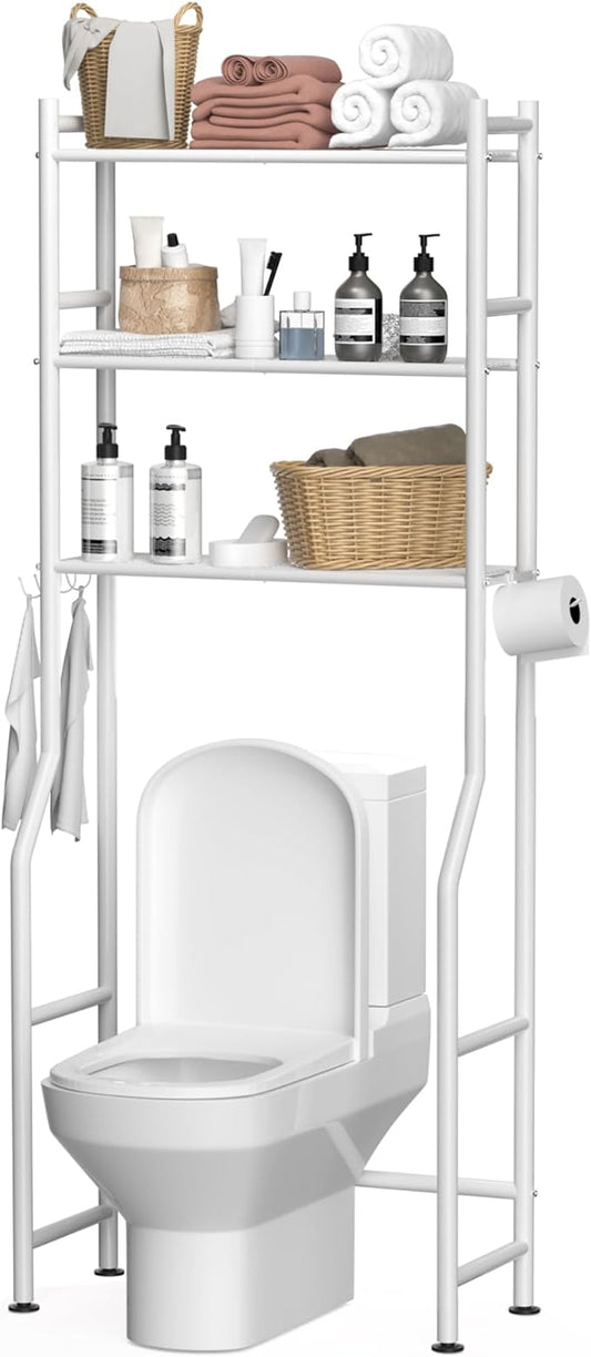 3-Tier Over The Toilet Storage, Space Saver Metal Bathroom Shelves, Freestanding Above Over Toilet Storage Shelf with 4 Hooks for Bathroom, White-NeatNest
