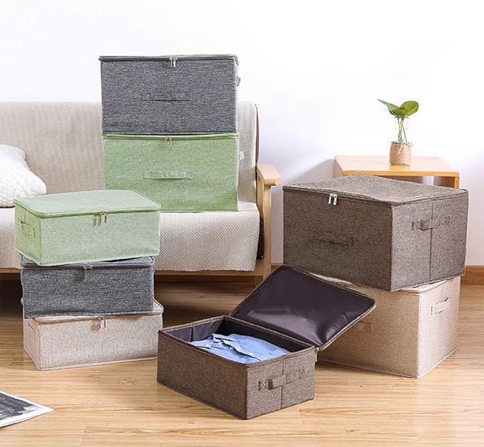 ANMINY 2PCS Storage Bins with Zipper Lids 13 Qt Lidded Fabric Storage Boxes Baskets Cubes with Handles Collapsible Washable Cotton Linen Closet Shelf Clothes Organizer Containers - Coffee, Small-NeatNest