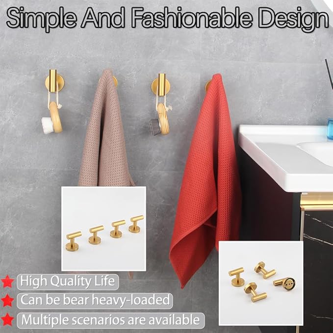 GERZWY Gold Stainless Steel Towel Hook Wall Mounted Robe Hook Heavy Duty Coat Hook Luxury Hooks for Bathroom Hotel 4 Pack AG1307B-BE