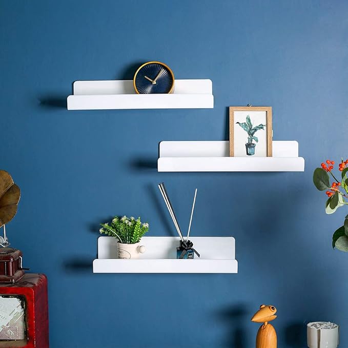 IEEK 15 Inch White Floating Wall Shelf, Modern Picture Display Ledge and Book Shelves for Kids Room, Living Room/Office, Set of 3-NeatNest
