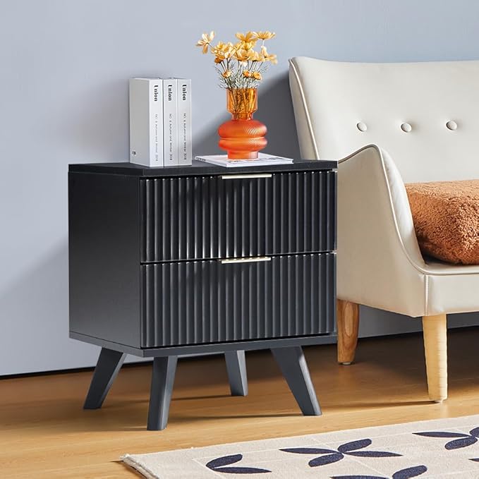 Black Nightstand, Mid Century Modern Nightstand with 2 Drawers, Bedroom Nightstand, Bed Side Table Small Nightstand for Dorm, Wood End Table Bedside Tables, Modern End Side Table (Black)