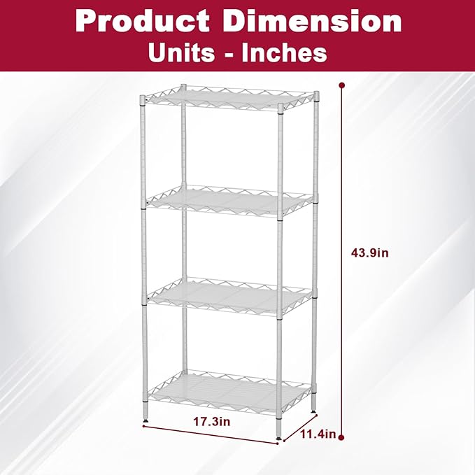 4-Tier Wire Shelving Unit 600 lbs Weight Capacity Storage Shelves Metal Frame Garage Shelves Easy Installation Metal Shelves for Home Kitchen Garage Pantry, 12" Dx18 Wx44 H, Chrome