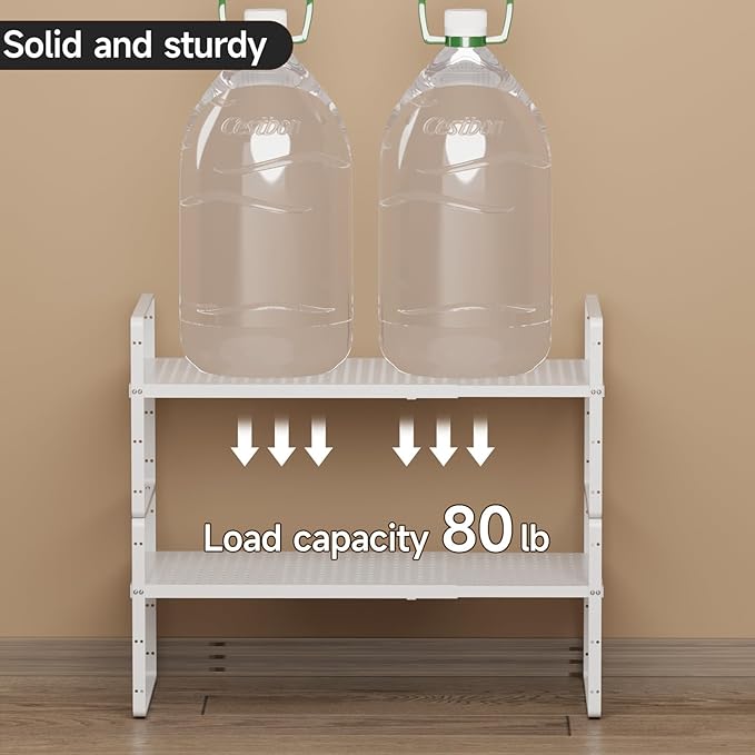 2Pack Expandable Cabinet Shelf Organizers, Stackable Metal Shelves Extender for Kitchen Countertop Storage, Adjustable Spices Shelves Rack Stand for Cupboard Pantry, Black-NeatNest