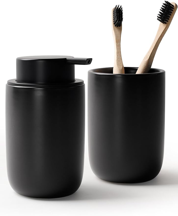 Bosilunlife Soap Dispenser and Toothbrush Holder Set - Dish Hand Soap Dispenser Bathroom Set Ceramic Bathroom Counter Soap Toothbrush Holder Set Black Bathroom Accessories Set-NeatNest