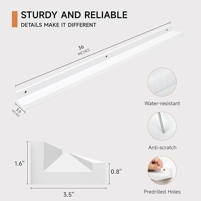 Fun Memories Picture Ledge Shelf, 36 Inch Floating Shelves Set of 2, Nursery Book Shelves for Toys Storage, Kids Bookshelf Wall Mounted for Wall Decor Books Photo Frames, White-NeatNest