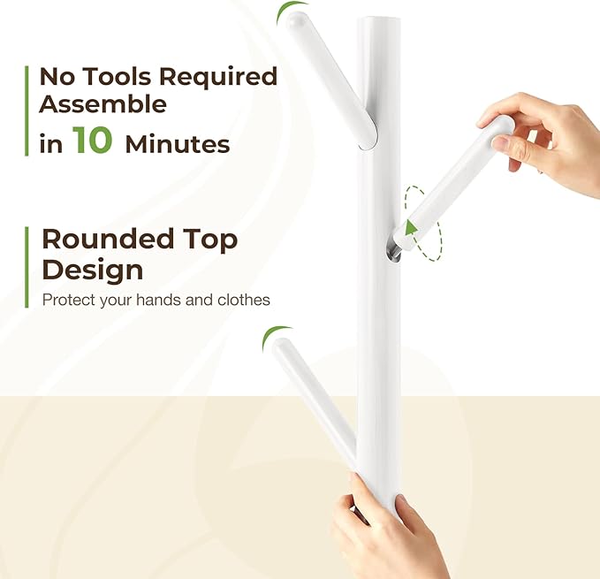 GREENSTELL Coat Rack with 8 Hooks, Wooden Coat Rack Freestanding with Shelf, Coat Tree with 4 Height Options 50.5"-72.6", Coat Hanger Stand for Bags, Clothes, Umbrellas, Hats, in Home, White-NeatNest