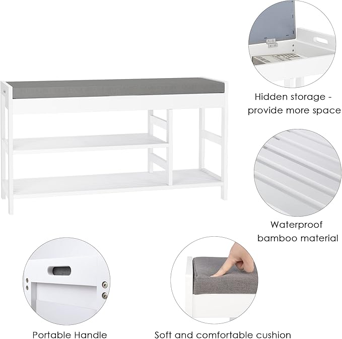 HIFIT Bamboo Shoe Bench Rack with Storage, Entryway Storage Bench with Padded Seat, Shoe Oiganizer Shelf for Entryway Mudroom Bathroom, White