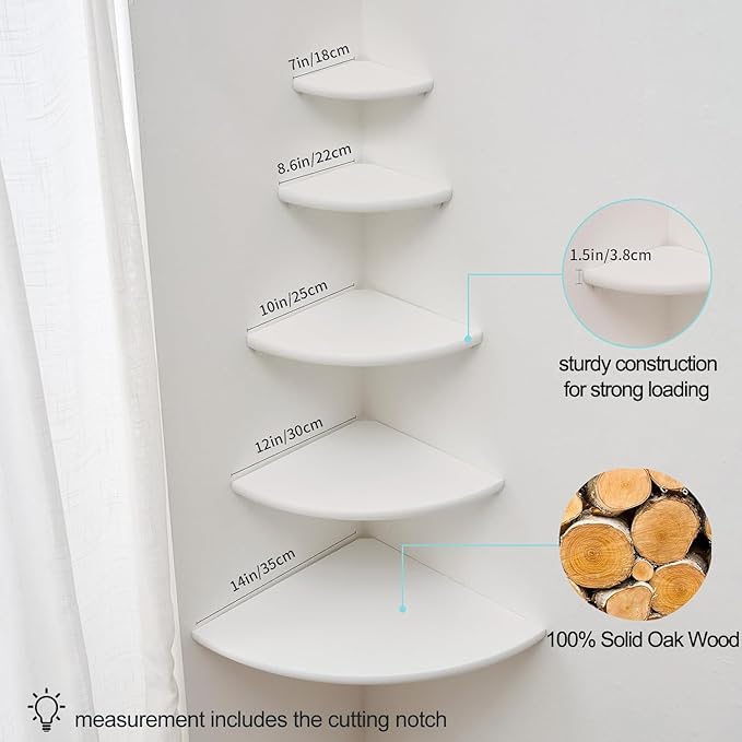Corner Shelf, White Solid Oak Wood Floating Corner Shelves Wall Mount Round End Floating Speaker Rack Display Shelf for Small Plant Photo Frame (White, 13.8in)-NeatNest