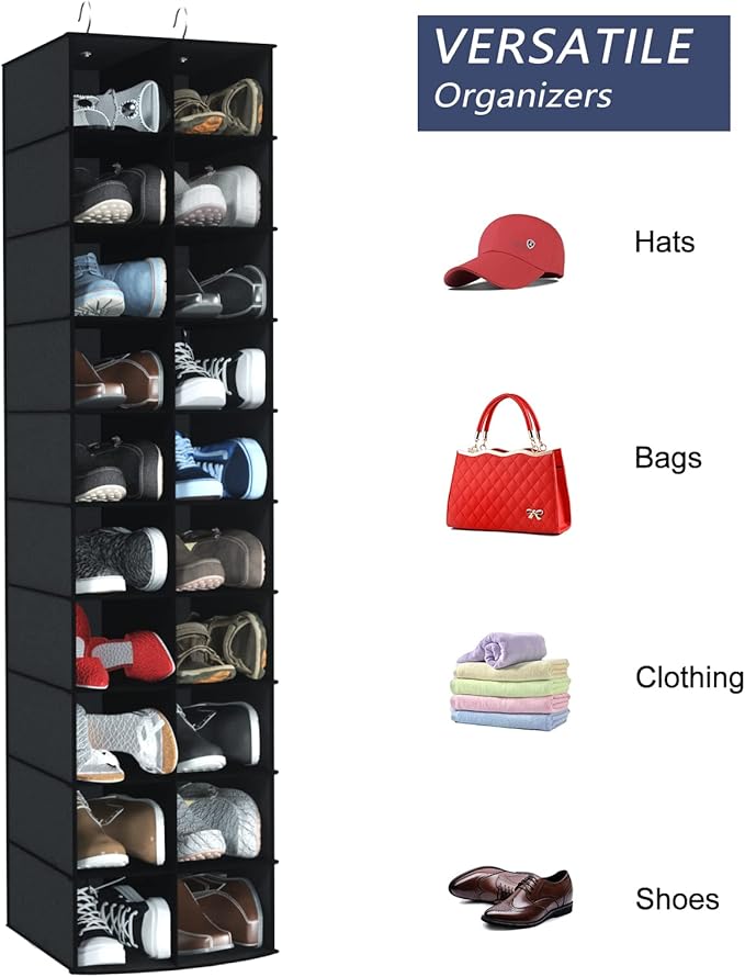 coastal rose Hanging Shoe Organizer for Closet, 20 Sections Hanging Closet Organizers and Storage Shelves, Space Saving Hanging Shoe Rack, Black, 12''W×12''Dx 50''H-NeatNest