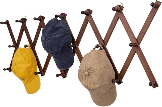 Accordion Wall Hanger with 20 Hooks, Expandable Wall Hat Display Rack, Wooden Wall Hook for Coat, Hats, Baseball Caps, Coffee Mug, Jewelry(Brown)-NeatNest