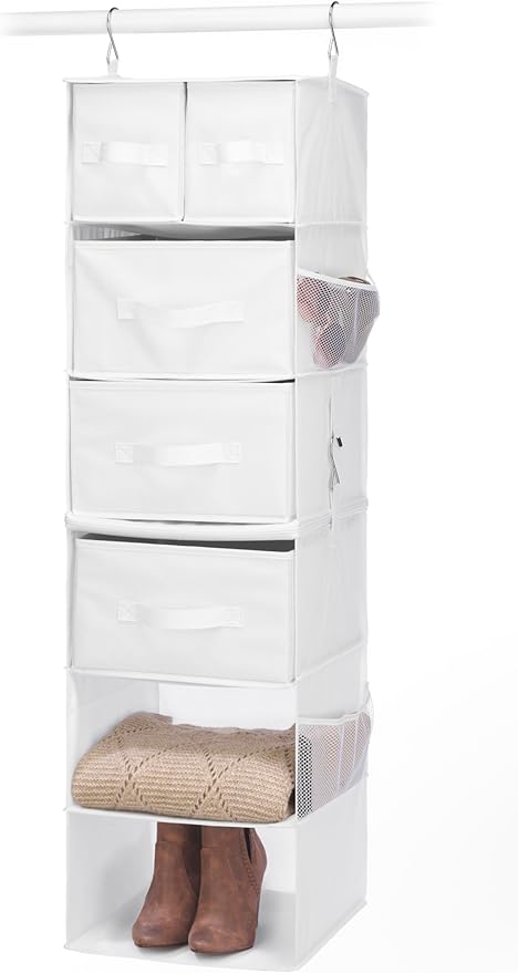 Whitmor Multi-Functional Hanging Organizer with Drawer Inserts- 5 Section - Closet Organizer - White-NeatNest