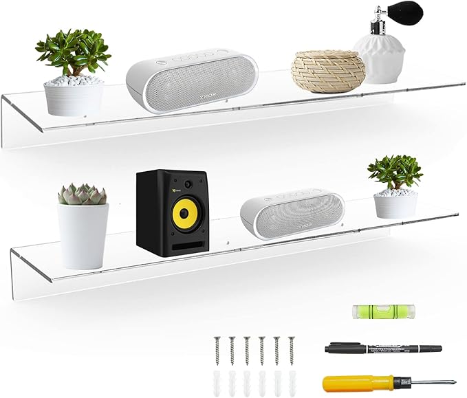 24 Inches Clear Floating Shelves for Wall, Acrylic Long Wall Shelf, Wall Mounted Shelves for Plants, Speaker, Radio, Funko Pop, Stuffed Animal, Books, Cosmetics, Toiletries, 2 Pack (24 Inch)-NeatNest