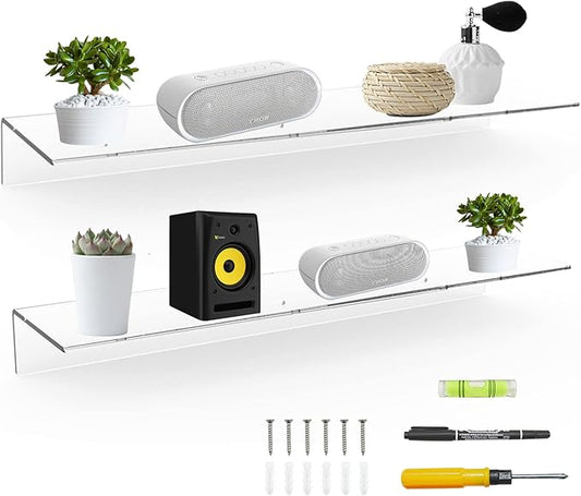 24 Inches Clear Floating Shelves for Wall, Acrylic Long Wall Shelf, Wall Mounted Shelves for Plants, Speaker, Radio, Funko Pop, Stuffed Animal, Books, Cosmetics, Toiletries, 2 Pack (24 Inch)-NeatNest