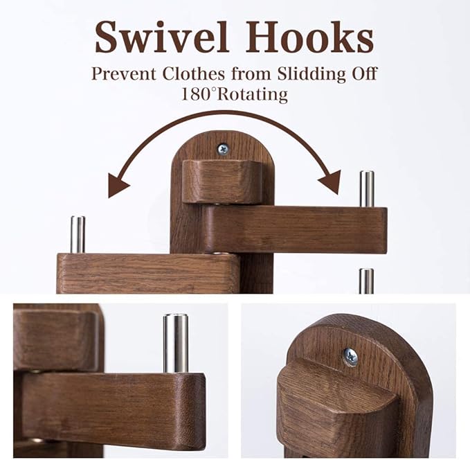 Coat Hooks for Wall, Oak Wood Wall Hooks with 5 Swivel Foldable Arms, 12'' Length Coat Rack Hat Hooks for Bathroom Entryway Bedroom Office Kitchen, Heavy Duty (Walnut)-NeatNest