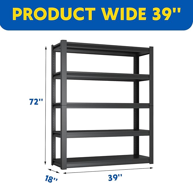 72''H Garage Shelving Heavy Duty, 2800LBS Storage Shelves, 5-Tier Adjustable Metal Shelve Storage Shelf Rack, Industrial Shelving Unit for Garage, Warehouse, Basement (47" W x 19.7" D x 72" H)-NeatNest