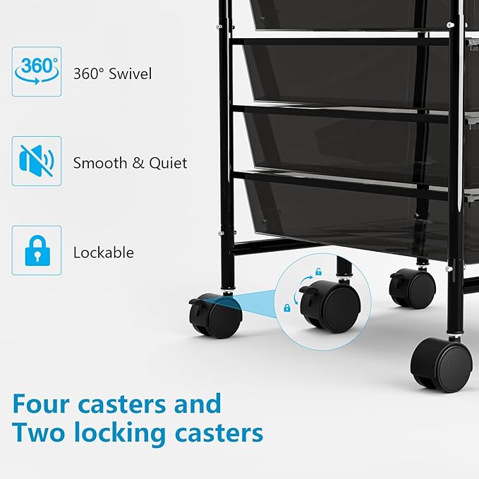 Rolling Cart with Drawers, 6-Tier Rolling Storage Cart with Drawers, Rolling Utility Cart with 6 Drawers with 2 Lockable Caster Wheels for Office Bathroom Kitchen, Transparent Black