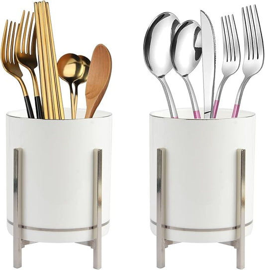 Farmhouse Flatware Holder for Dinner Table, Countertop Silverware Organizer, Decorative Cutlery Utensil Caddy for Kitchen or Parties, Spoon Fork Knife Organizer, Cup with Silver Trim, 2 PCS-NeatNest