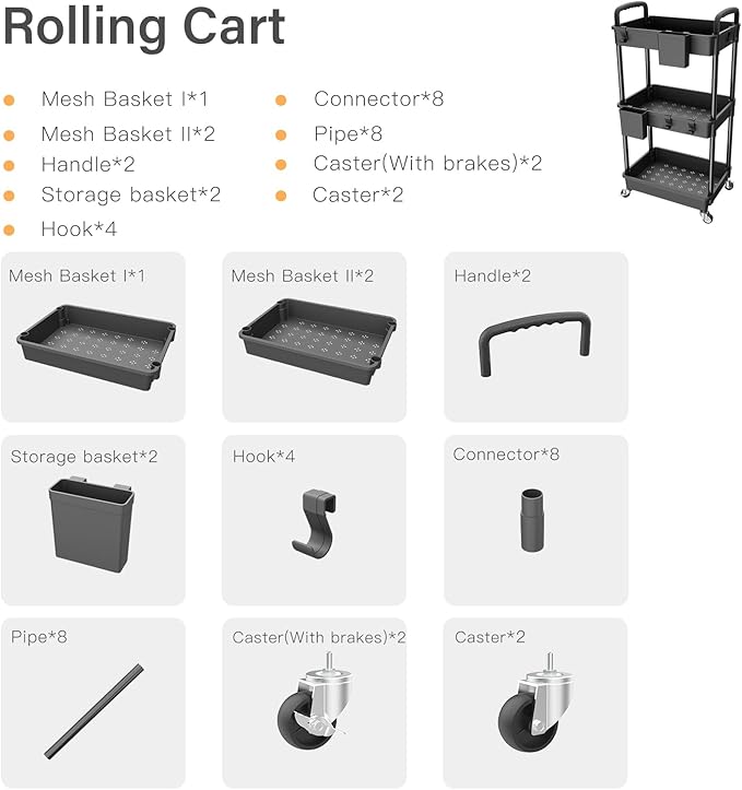 3 Tier Rolling Utility Cart with Handle,REBECAT Utility Cart Made of Multifunctional Storage Organizer Tool for Kitchen,Bathroom,Living Room,Office(Black)-NeatNest