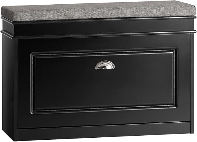 Haotian Shoe Storage Bench with Cushion, Black Narrow Shoe Rack for Entryway, Small Shoe Cabinet with 2 Tiers Flip-Drawer, Closet Hallway Mudroom FSR82-L-SCH-NeatNest