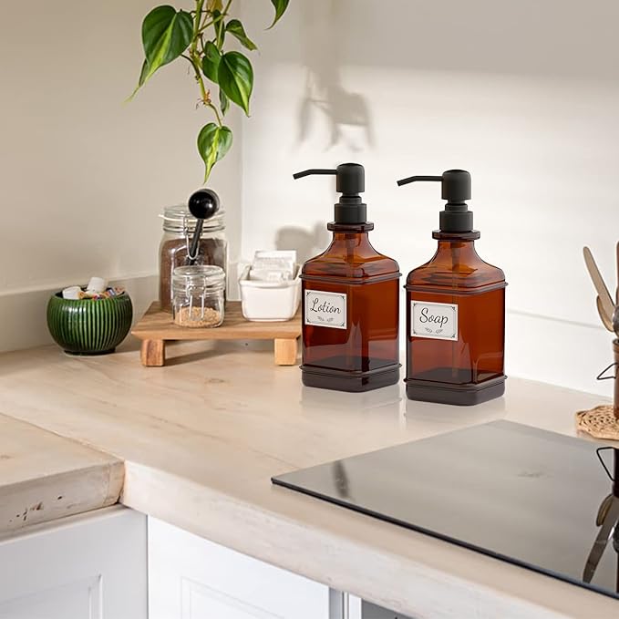 GLADPURE Soap Dispenser 2 Pack, Hand Soap Dispensers with 18 Oz Antique Design Thick Amber Glass Bottle, 316 Rust Proof Stainless Steel Black Pump, 6Pcs Stickers, for Lotion, Soap, Essential Oil-NeatNest