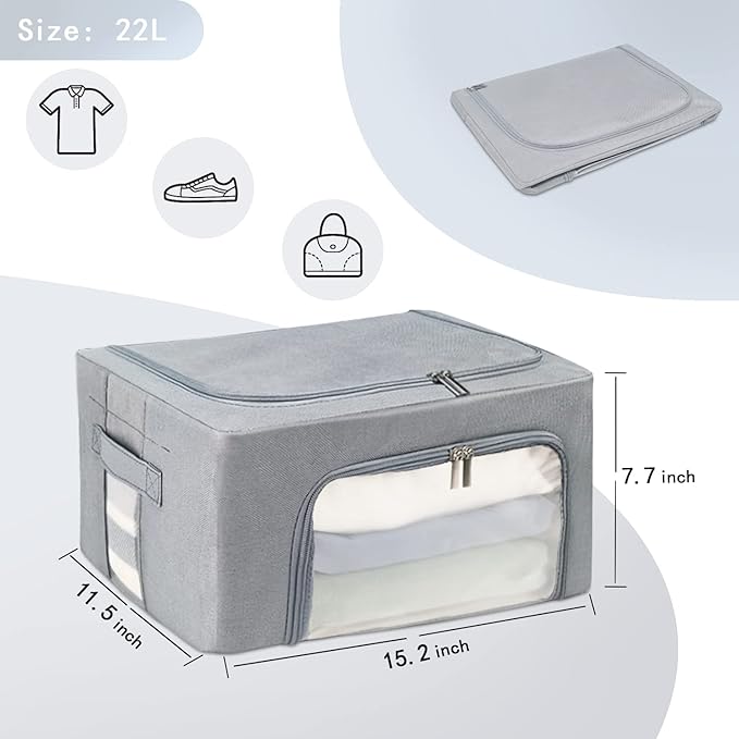 Clothes Storage Box Bins Stackable Foldable Organizer,Sturdy Handles with Metal Frame for Clothing Bedding Shelves,Closet Container with Clear Window Zipper and Label Holder (Gray, 22L x3 Pack)-NeatNest