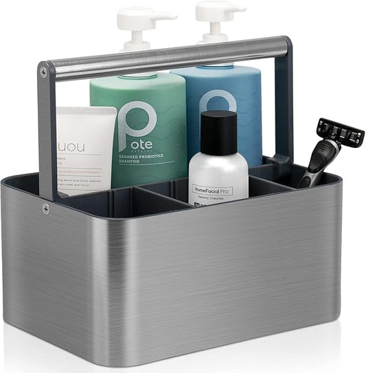 Portable Shower Caddy Basket Bin with Handle and Adjustable dividers for College Dorm, Large Plastic Bathroom Storage Organizer Tote,Gray
