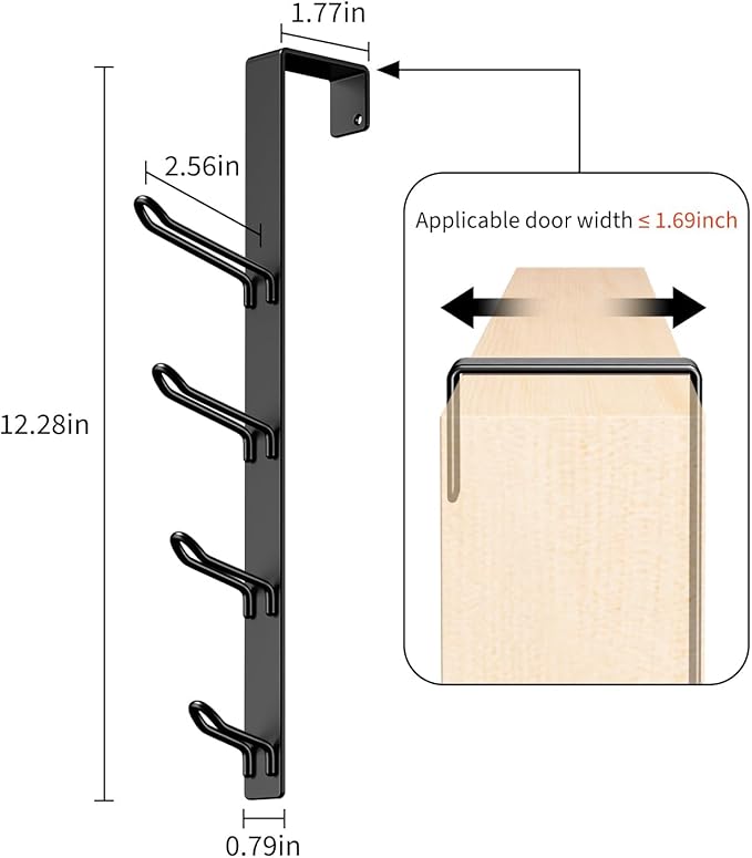 niffgaff 8 Hook Over The Door Hooks, Vertical Over The Door Towel Hook, Over Door Hook, Over The Door Hanger, for Towel and Clothes Hangers, Black, 2 Pack,12.28“,for 1.7'' Door