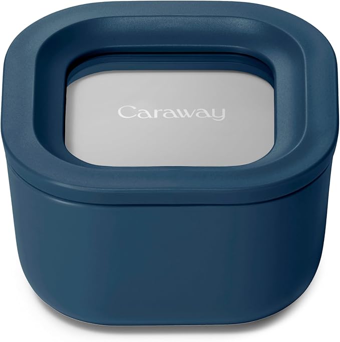 Caraway Mini Square Food Storage Container - 1.75 Cup Glass Storage Container for Food - Non-Toxic Ceramic-Coated Glass - Air Release Technology - Compact & Stackable Design - Navy-NeatNest