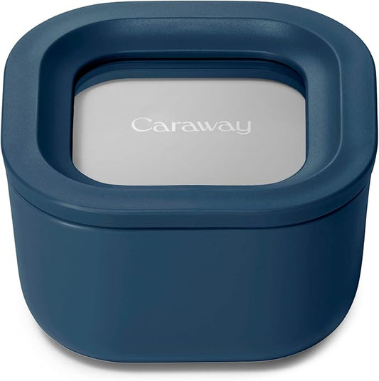 Caraway Mini Square Food Storage Container - 1.75 Cup Glass Storage Container for Food - Non-Toxic Ceramic-Coated Glass - Air Release Technology - Compact & Stackable Design - Navy-NeatNest