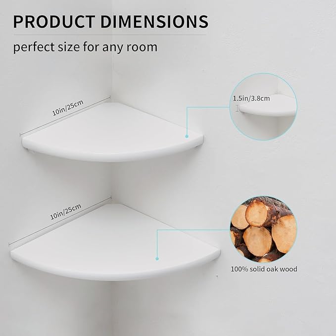 Corner Shelves, Floating Corner Shelf, Set of 2 Solid Oak Wood Wall Shelves, Round End Wall Mount with Wire Hole Shelving for Small Plant for Bedroom Kitchen, Living Room (White, 9.85in 2P)-NeatNest