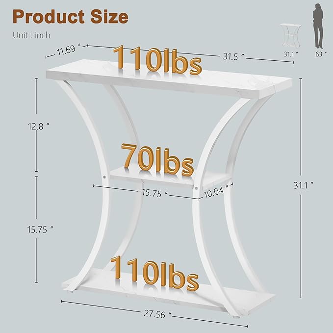 Hoctieon 3 Tier Console Table with Open Wood Shelves, Decorative Entryway Table with Curved Metal Frames, Narrow Sofa Table for Entrance, Living Room, Hallway, White Marbled-NeatNest