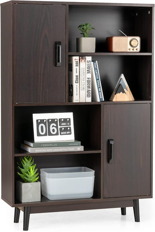 Giantex Storage Cabinet with Legs, Floor Cabinet with Doors, Shelves, Anti-Tipping Device, 4-Tier Bookshelf for Books & Photos, Tall Cupboard in Living Room, Kitchen Buffet Sideboard (Brown)