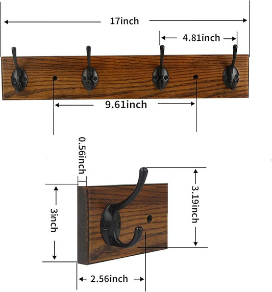 Coat Rack Wall Mounted, Wall Coat Rack with 4 Rustic Coat Hooks, 17” Entryway Ash Wood Coat Hanger Rail Hooks for Hanging Coats Hats, Perfect for Bedroom Bathroom Kitchen-NeatNest