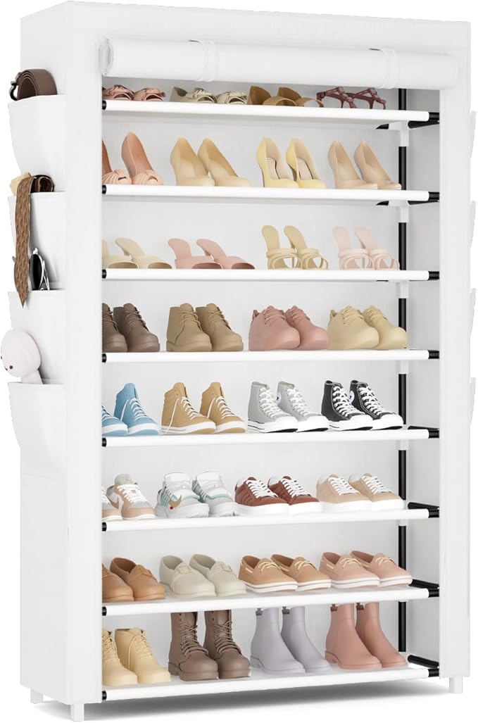 Shoe Rack with Cover, 8 Tier Tall Shoe Organizer Storage for 36-45 Pair Shoes and Boots Large Shoe Storage Shelf Free Standing Shoe Rack for Closet, Front Door Entrance, Dorm, Garage, White-NeatNest