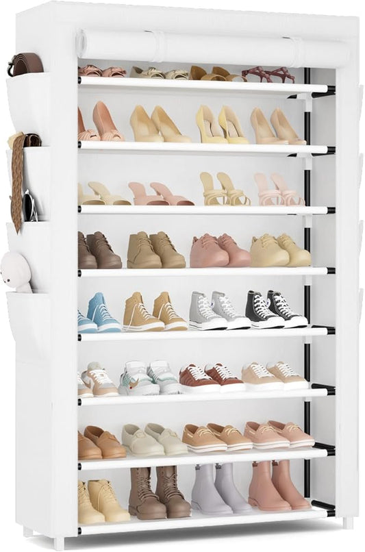 Shoe Rack with Cover, 8 Tier Tall Shoe Organizer Storage for 36-45 Pair Shoes and Boots Large Shoe Storage Shelf Free Standing Shoe Rack for Closet, Front Door Entrance, Dorm, Garage, White-NeatNest